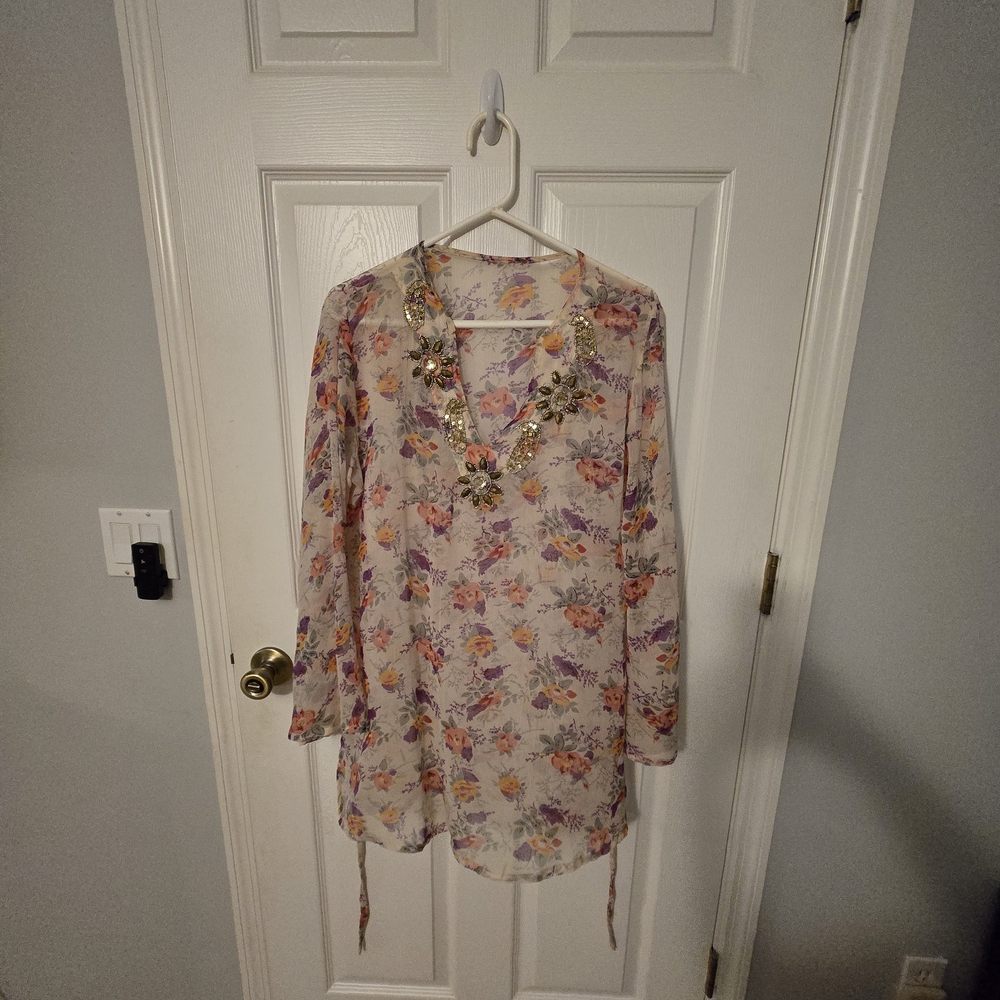 Bohemian  Floral Women's Top with Embellished Neckline